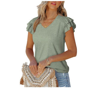 Dokotoo Shirt Womens Size XXL Green Ruffle Short Sleeve V-Neck Knit Ribbed Tunic